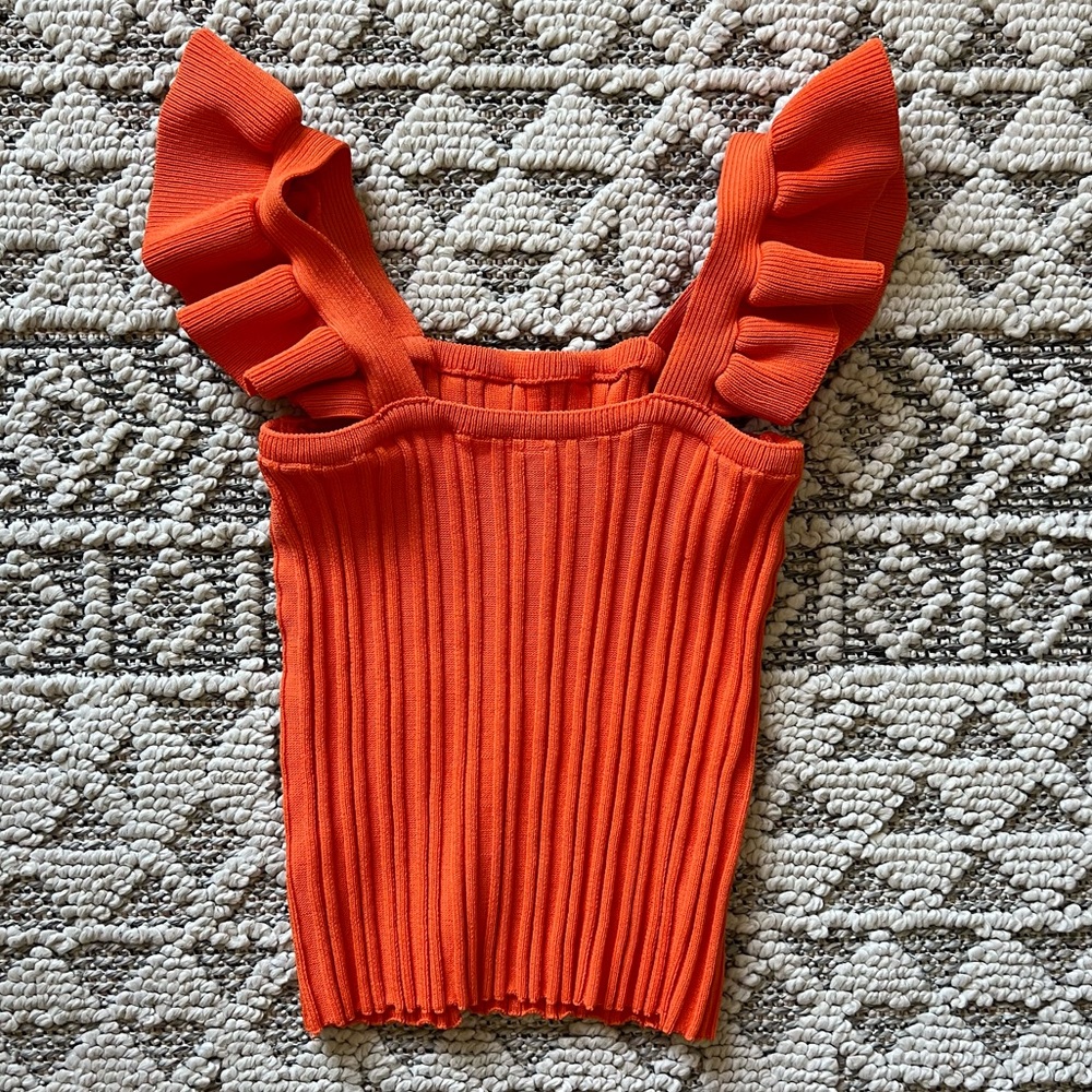 Ruffle ribbed tank top in orange